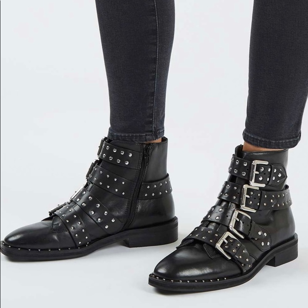 Genuine Black Leather Booties with Silver Buckles
